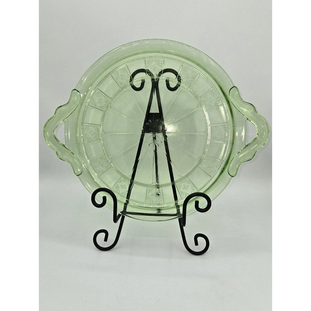 Jeanette‎ Glass Doric Green Uranium Depression Glass Double Handled Cake Plate